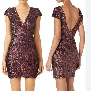 Dress the Population Zoe Sequin Mini Dress Maroon Cap Sleeve V Neck Party Event